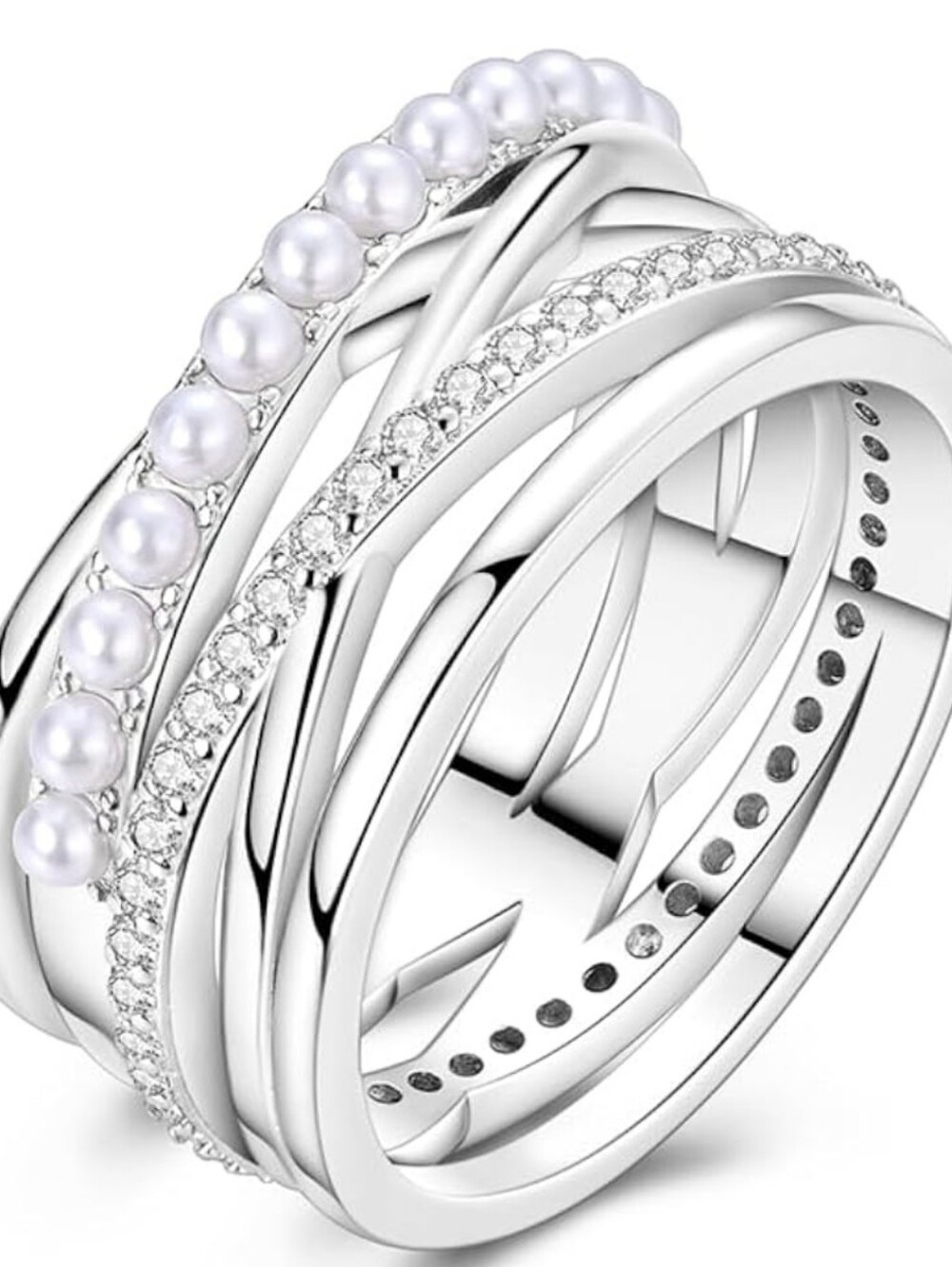 Macy's Silver Multi-Band Pearl & Crystal Stack Ring - White